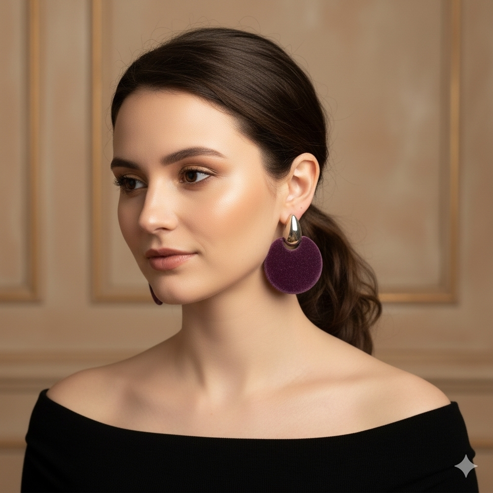 Vintage Plum Velvet & Silver Tone Drop Earrings